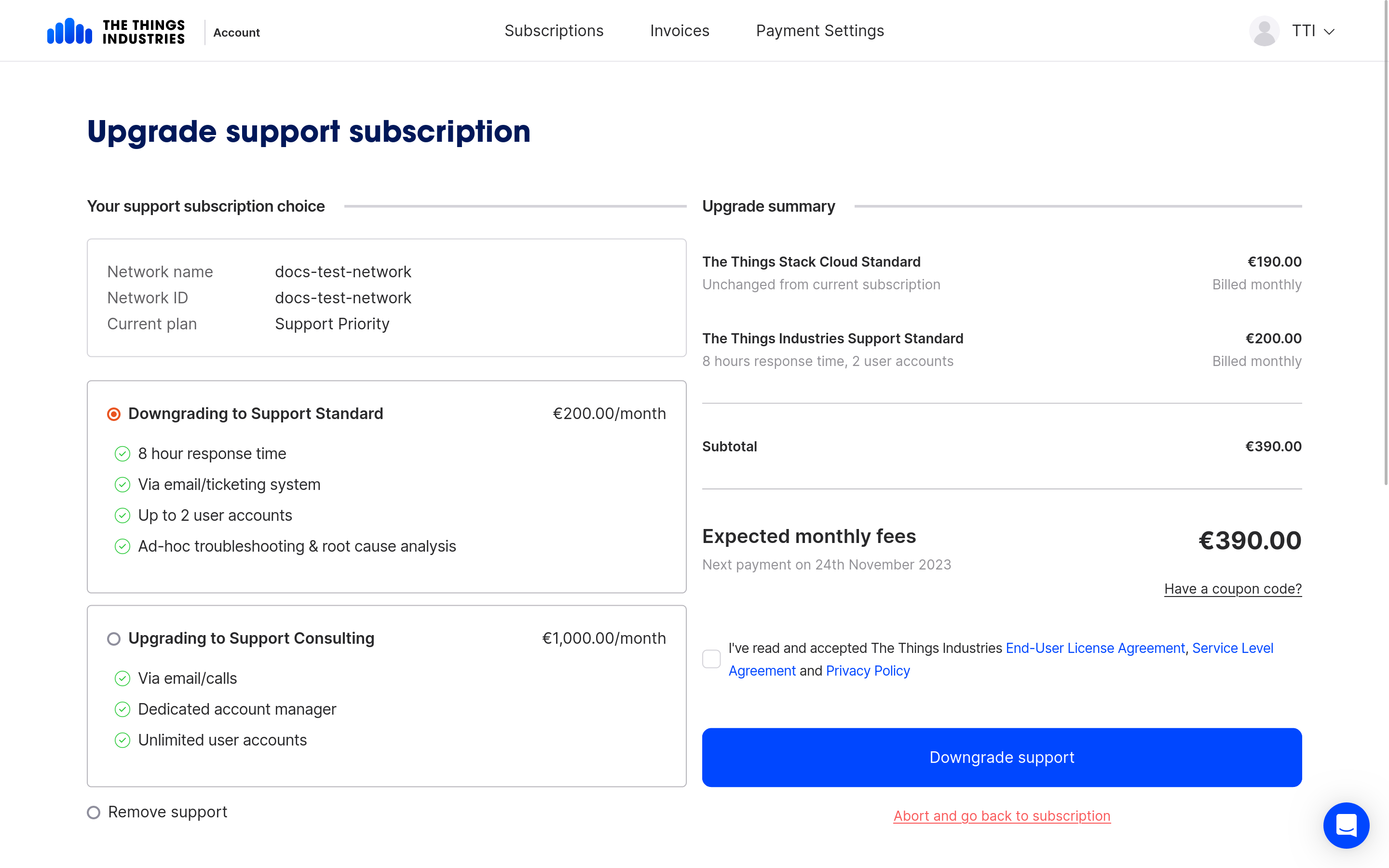 Downgrade support plan