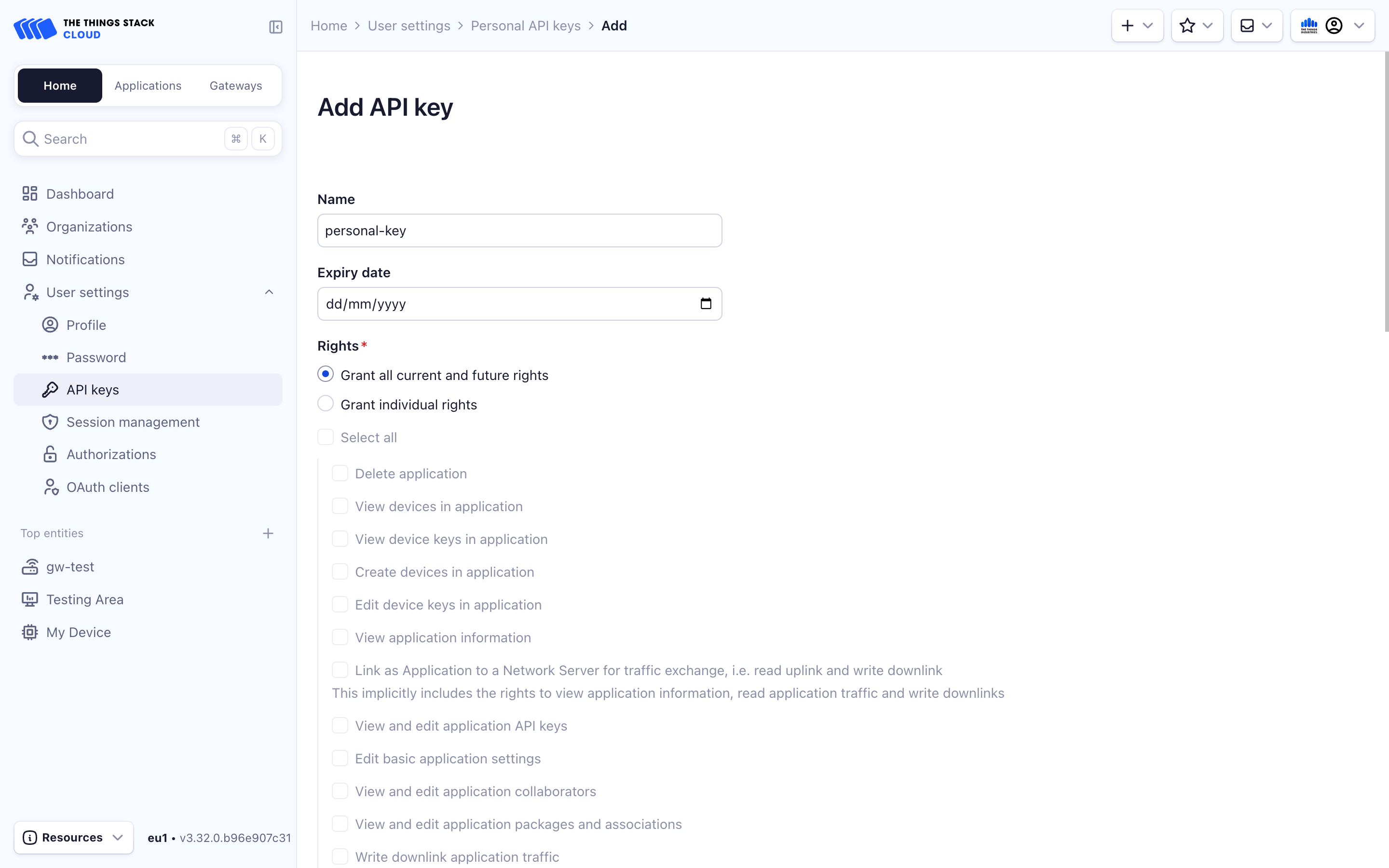 Application API Key creation