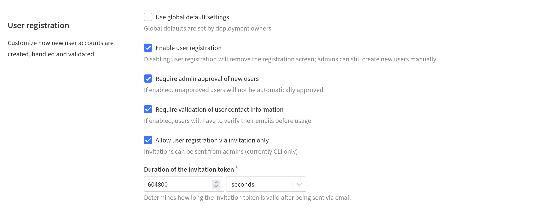 User registration settings