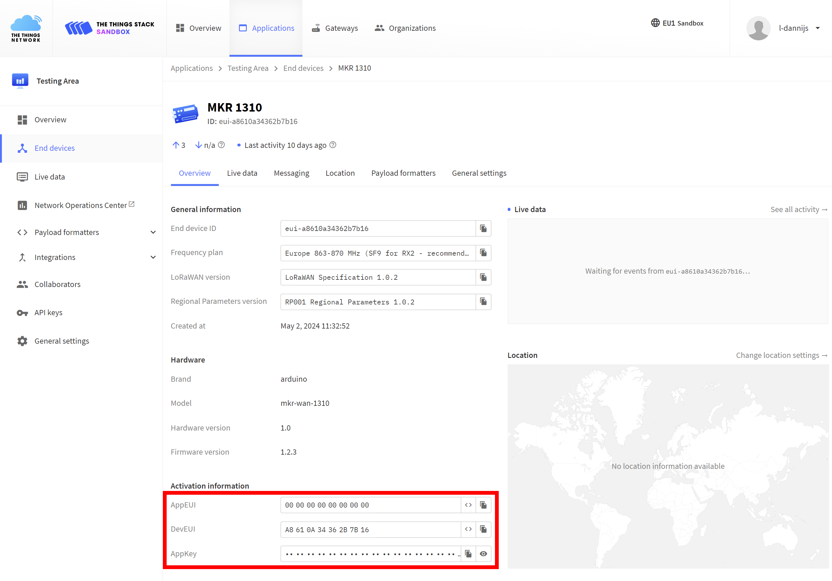 Device overview page with activation information highlighted