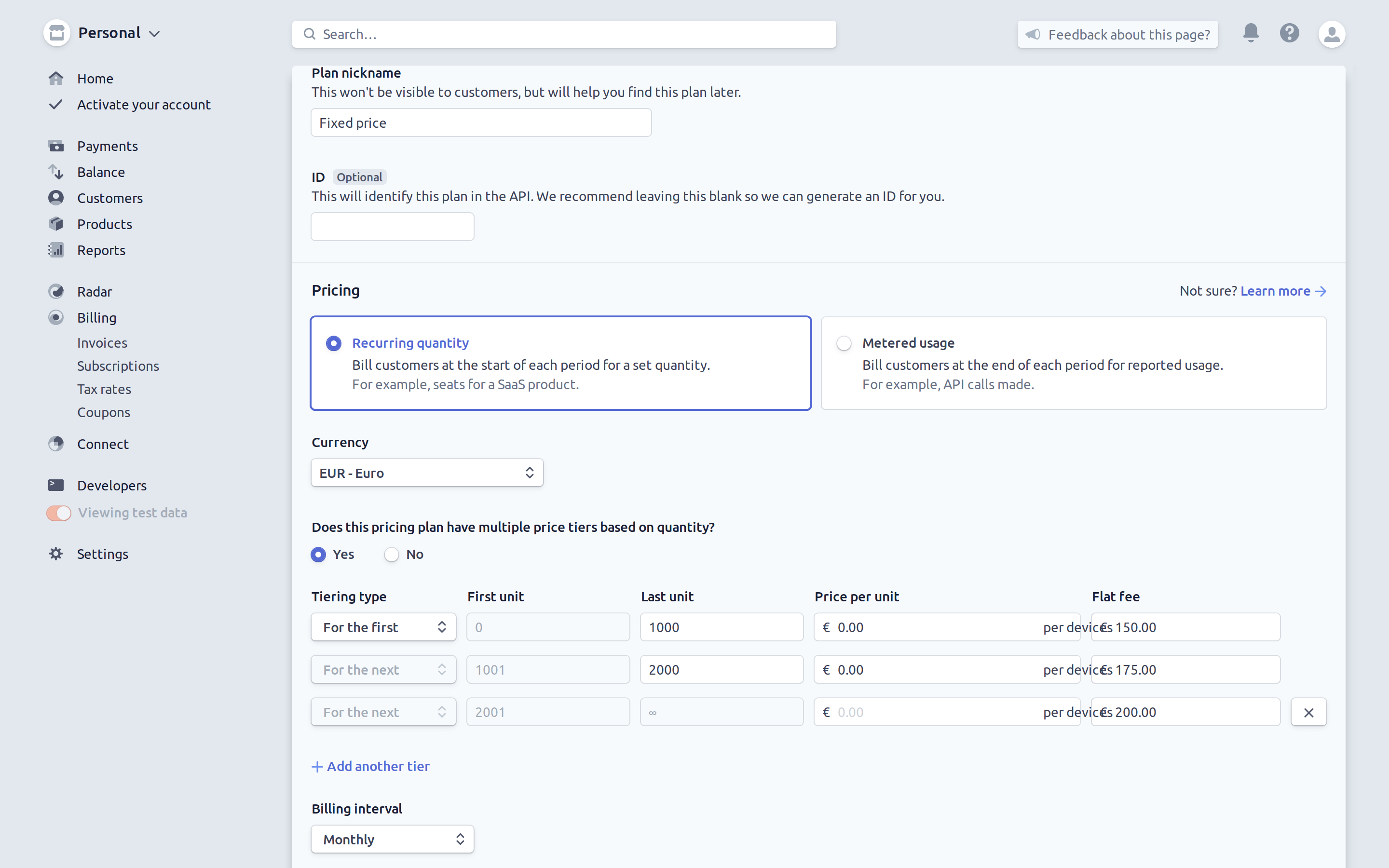 Pricing plan creation