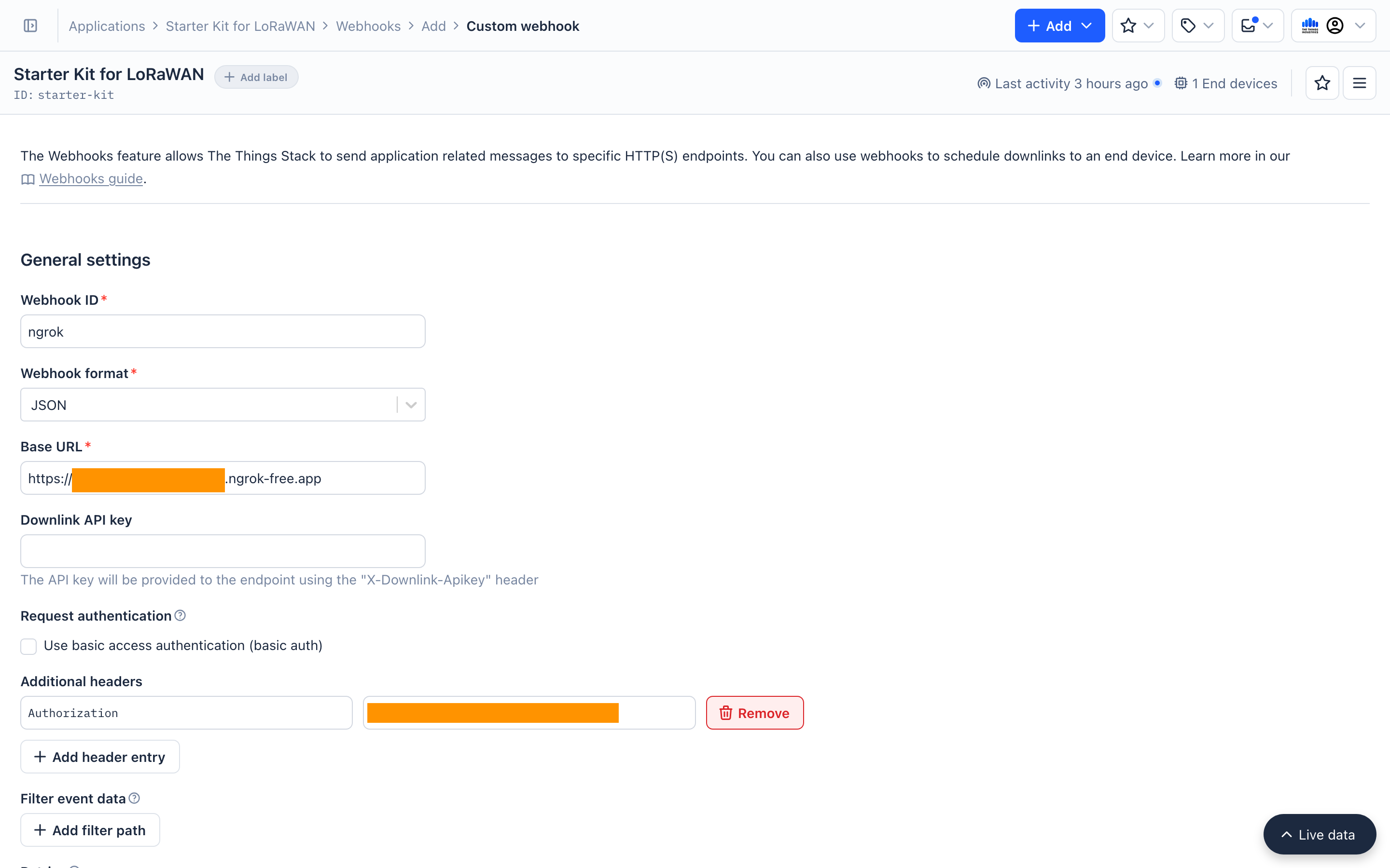Webhook settings for ngrok