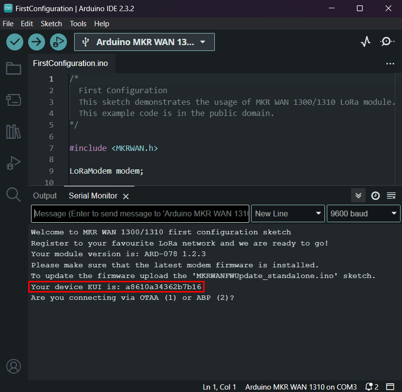 EUI of the device in the serial monitor