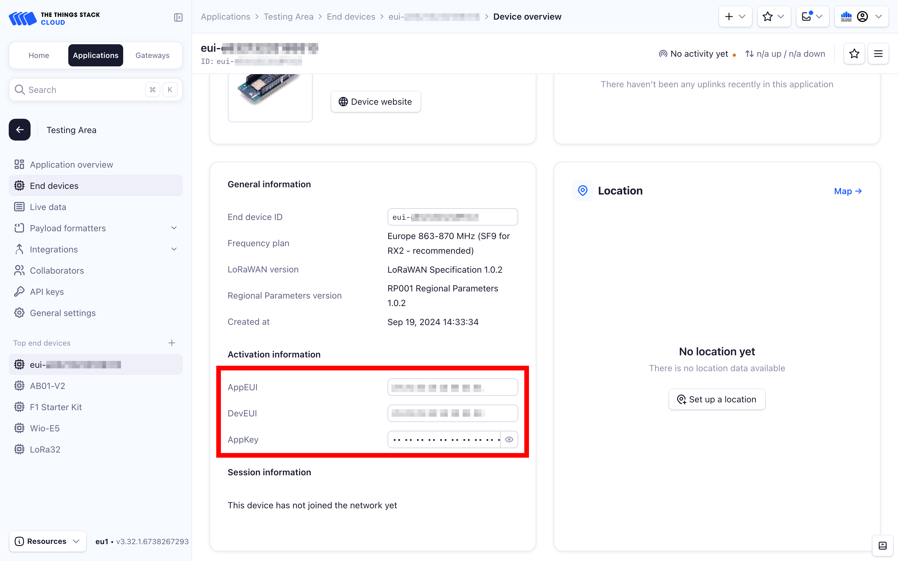 Device overview page with activation information highlighted