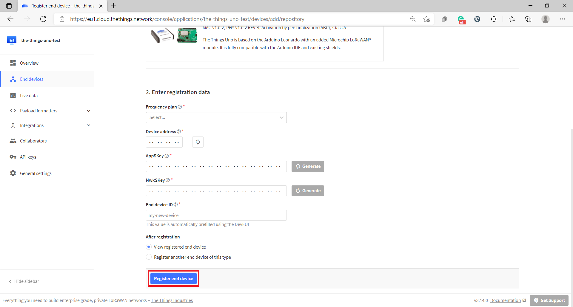 Register End Device from LoRaWAN repository ABP