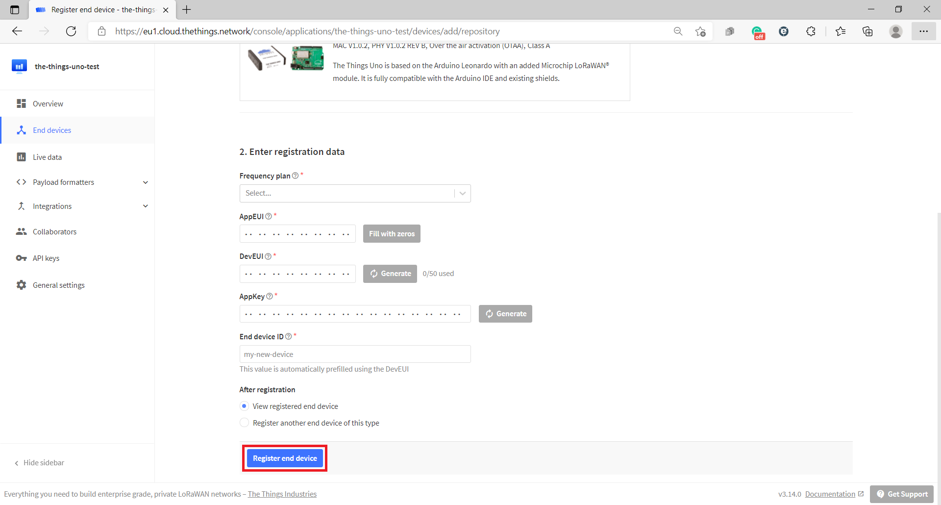 Register End Device from LoRaWAN repository OTAA