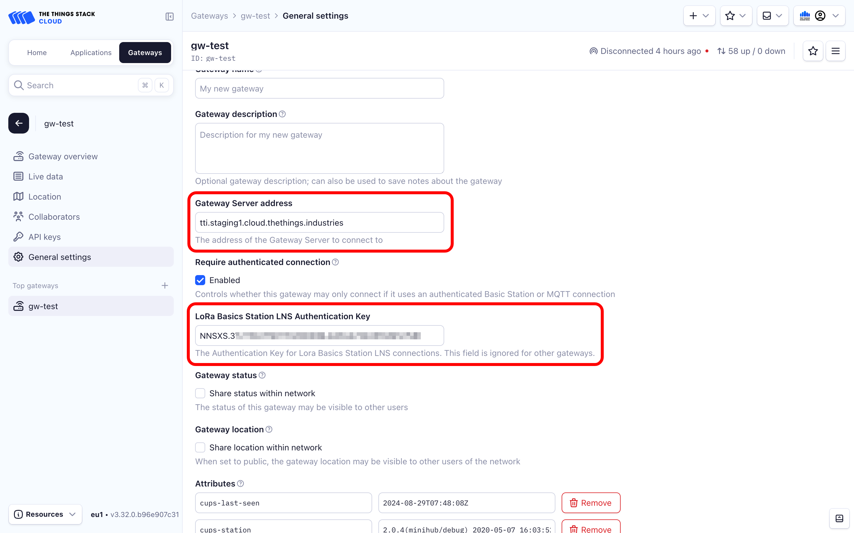 Changing LNS key and GS address in the source instance