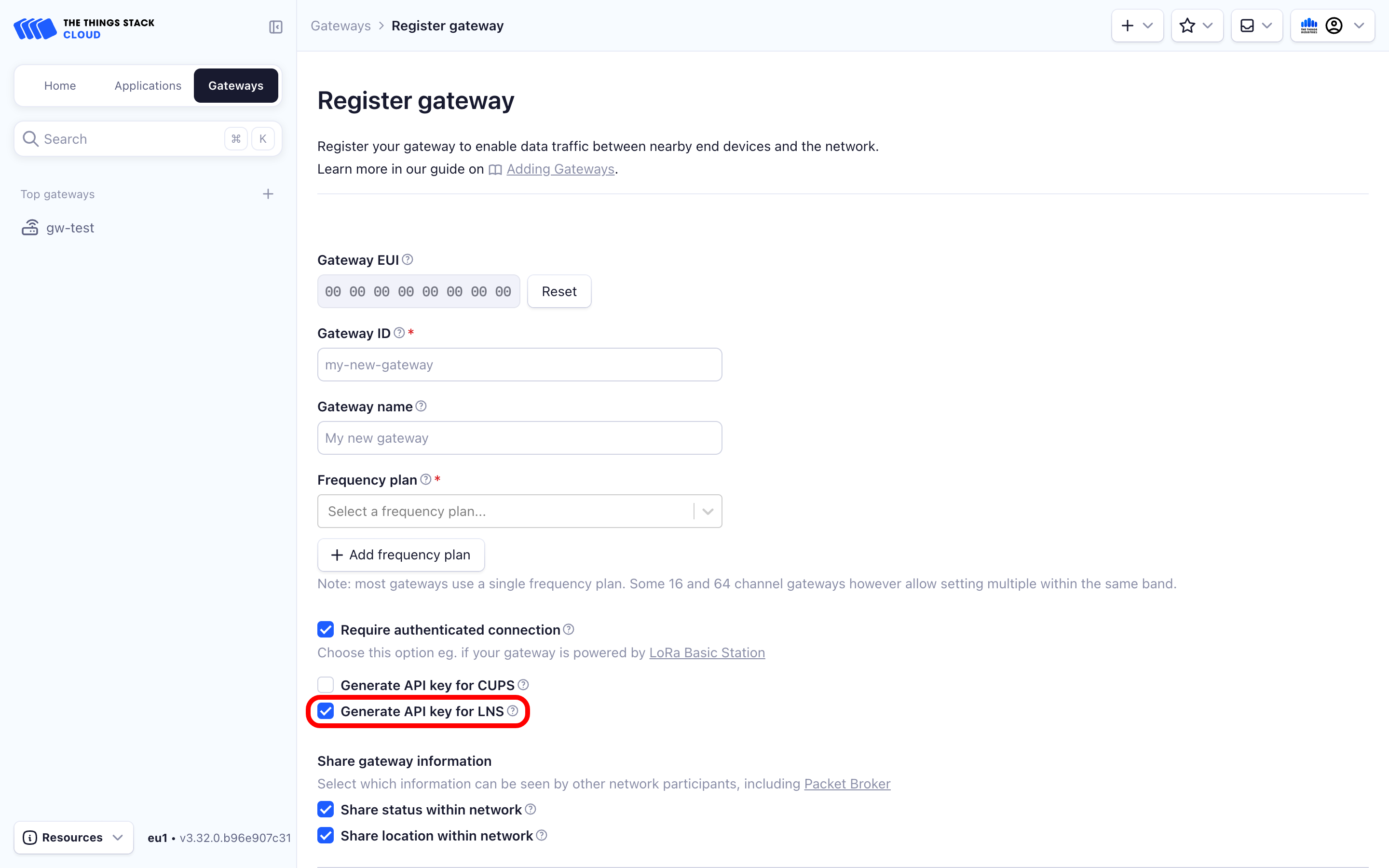 Registering gateway in the target The Things Stack instance