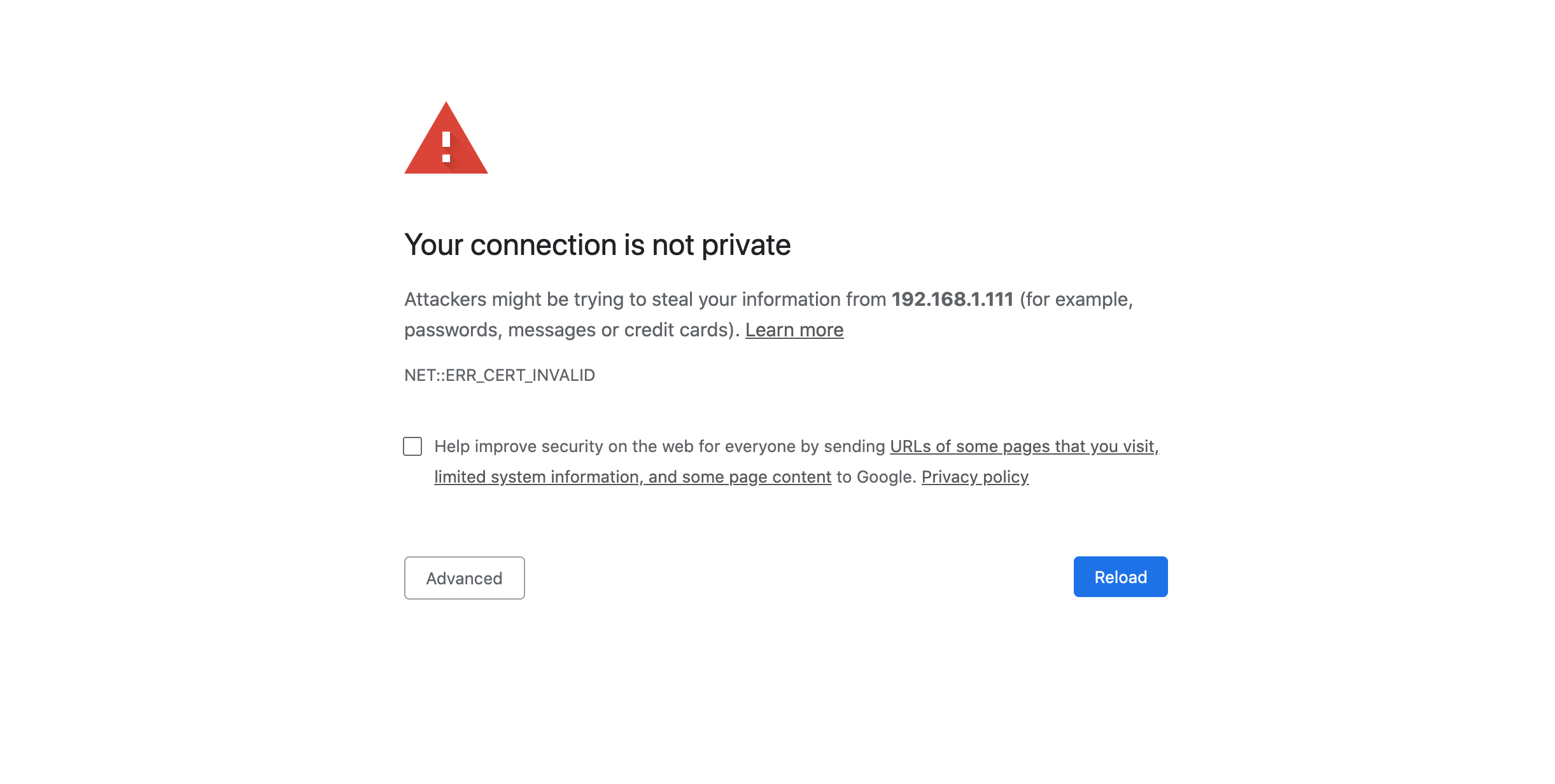 Chrome Certificate Error