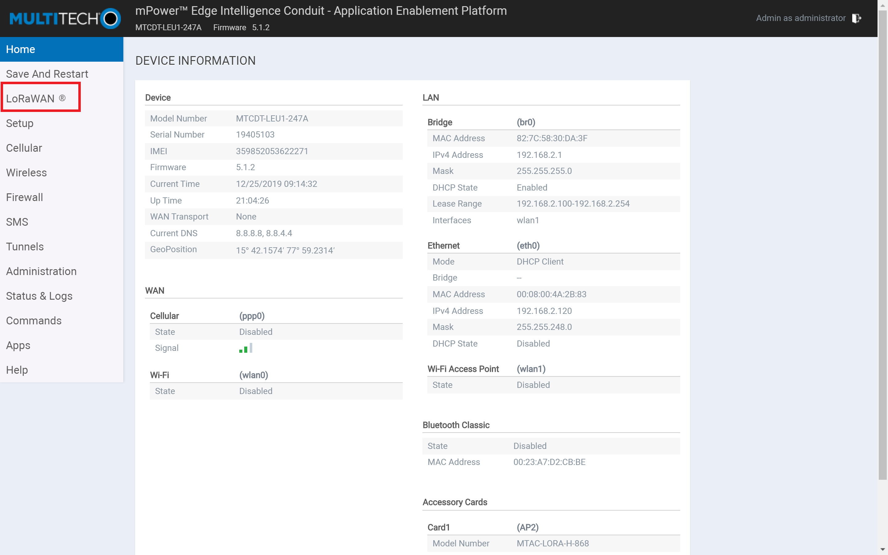 MultiTech Conduit gateway home page