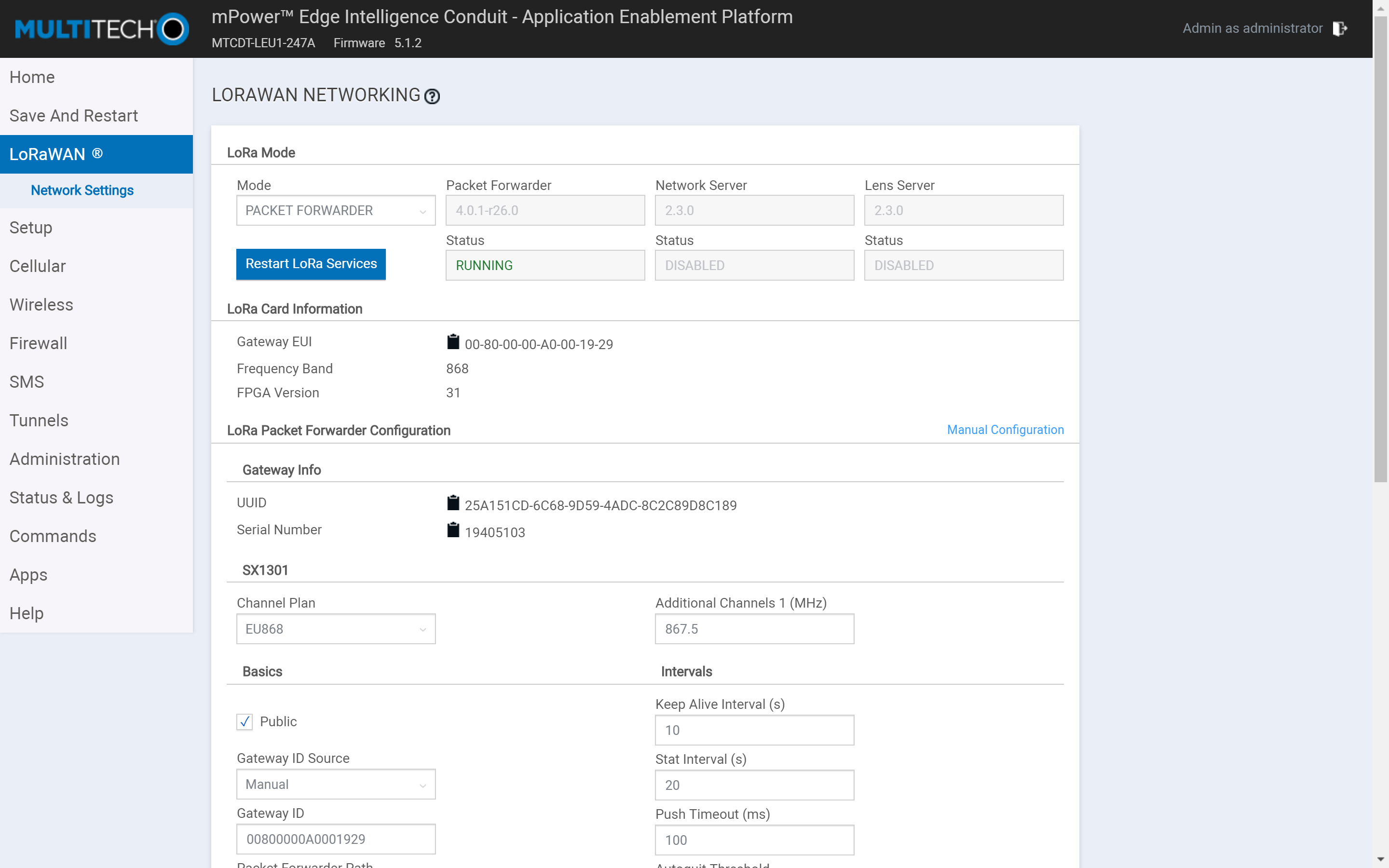 MultiTech Conduit packet forwarder settings