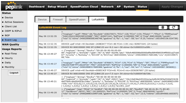 Viewing LoRaWAN Event log messages on Balance 20X