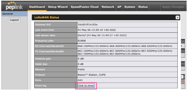 Viewing LoRaWAN statistics on Balance 20X