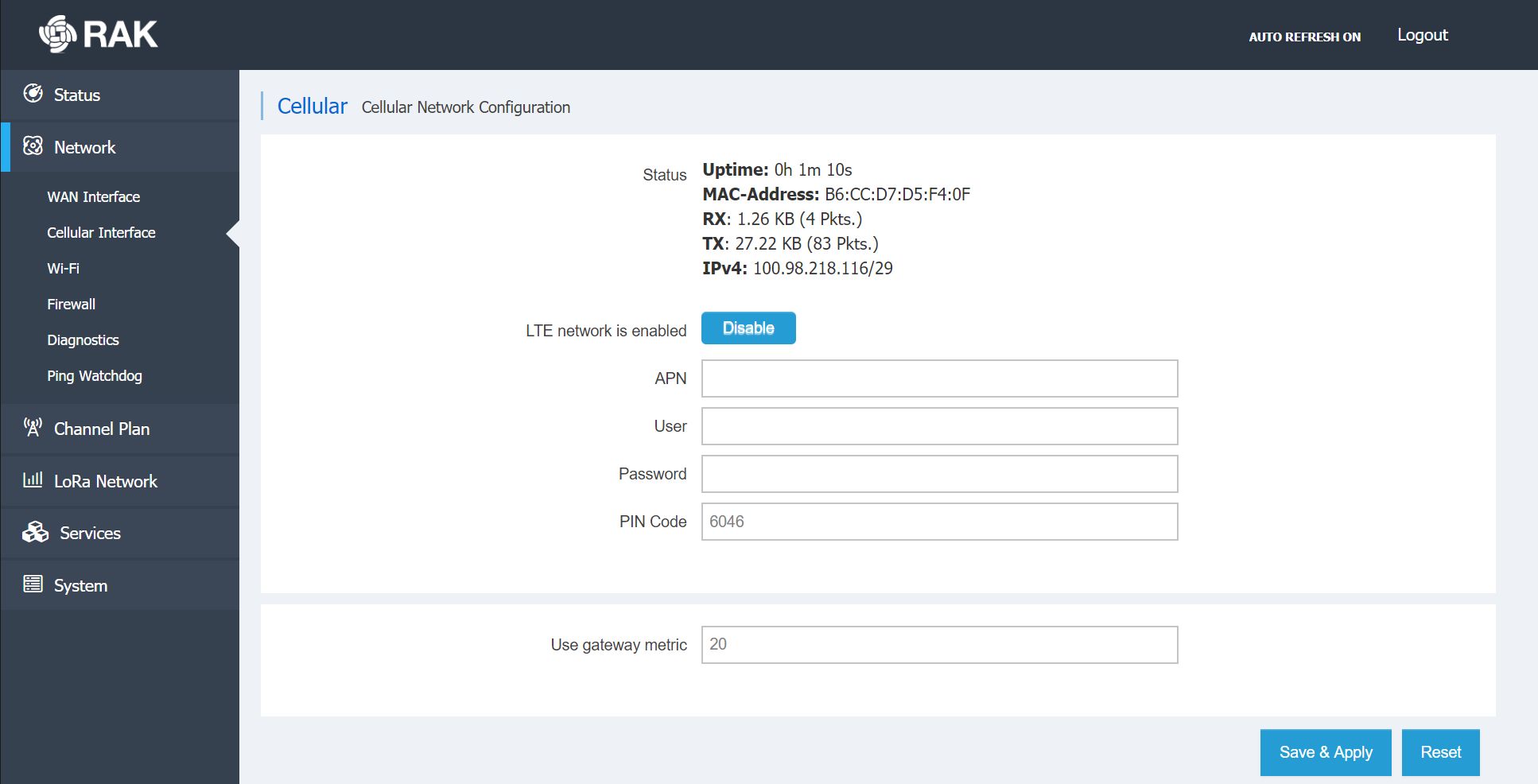 Cellular interface settings