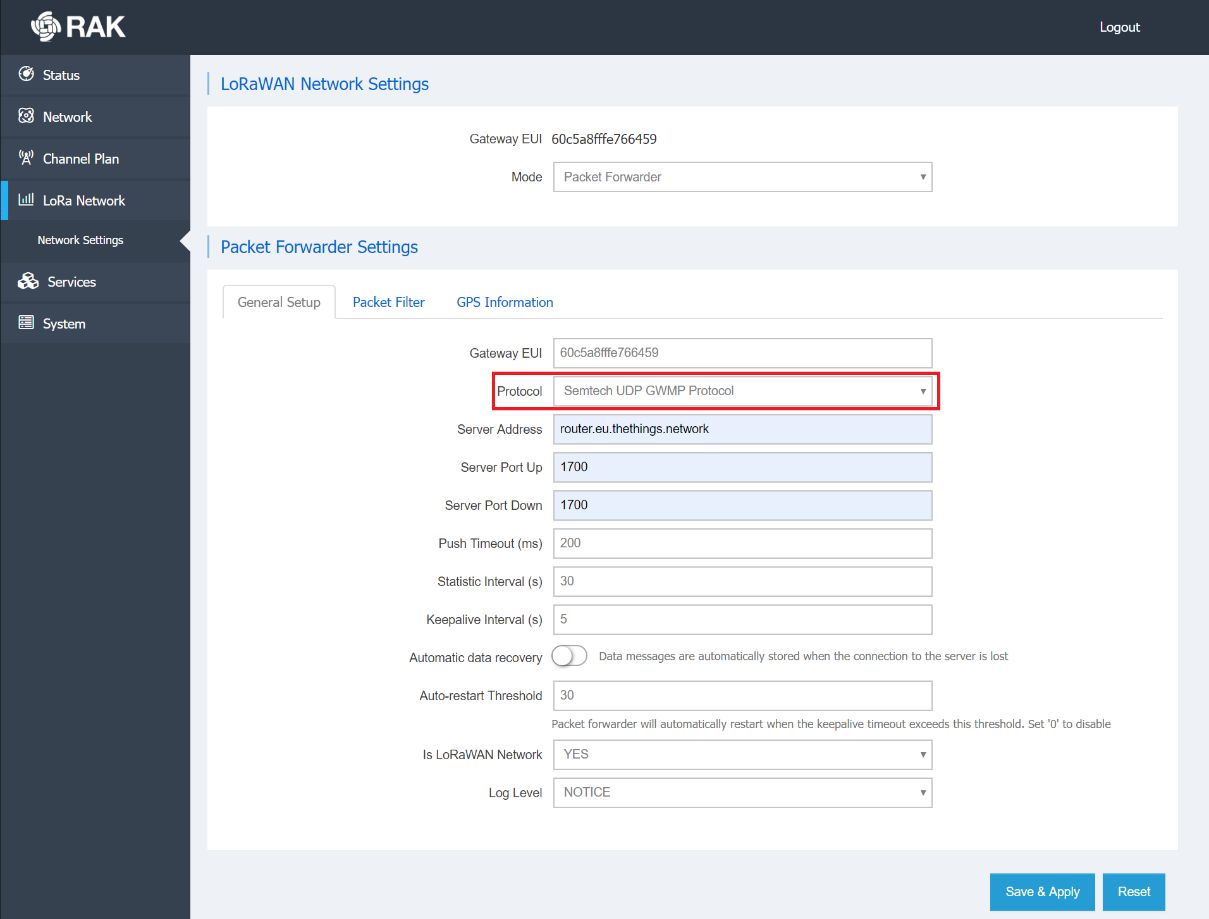 Semtech UDP GWMP Protocol