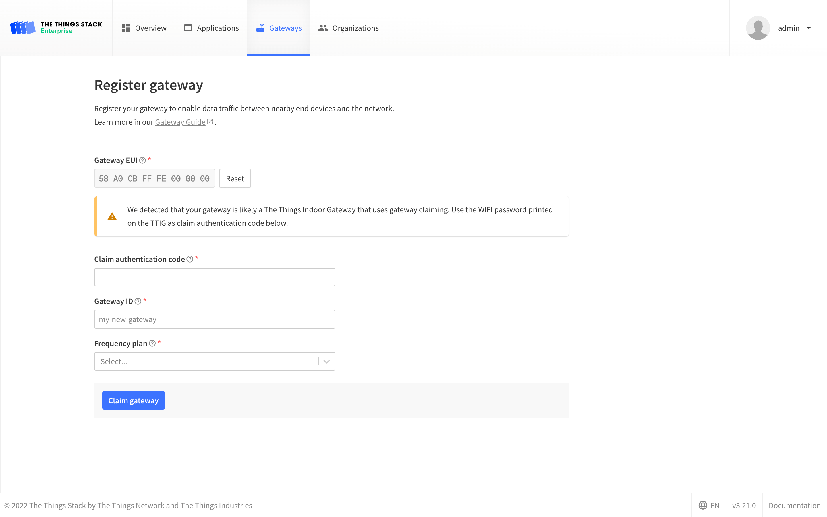 The Things Indoor Gateway Claiming
