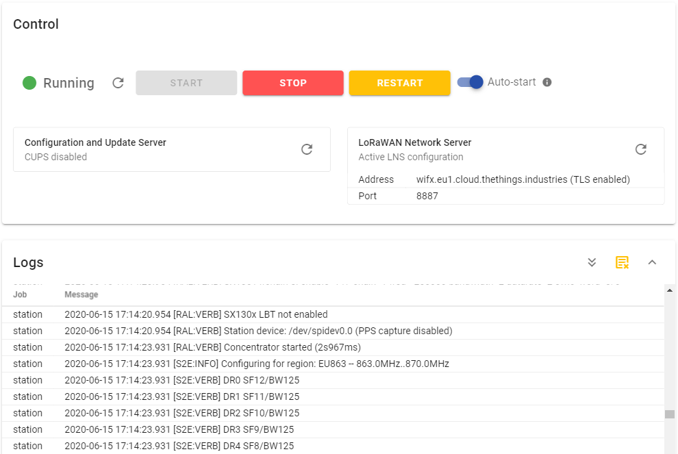 Wifx L1 LoRa forwarder Basic Station start