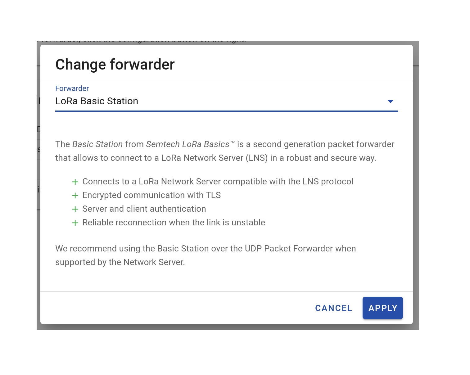 Wifx L1 LoRa forwarder Basic Station selection