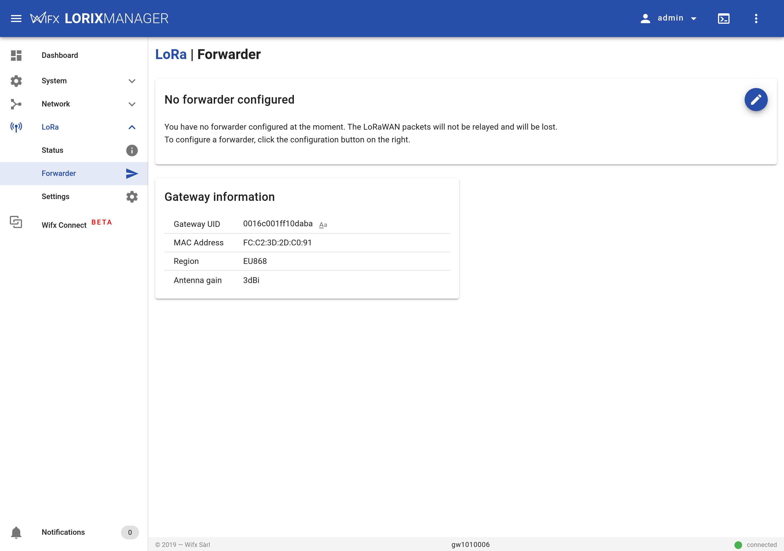 Wifx L1 LoRa forwarder page