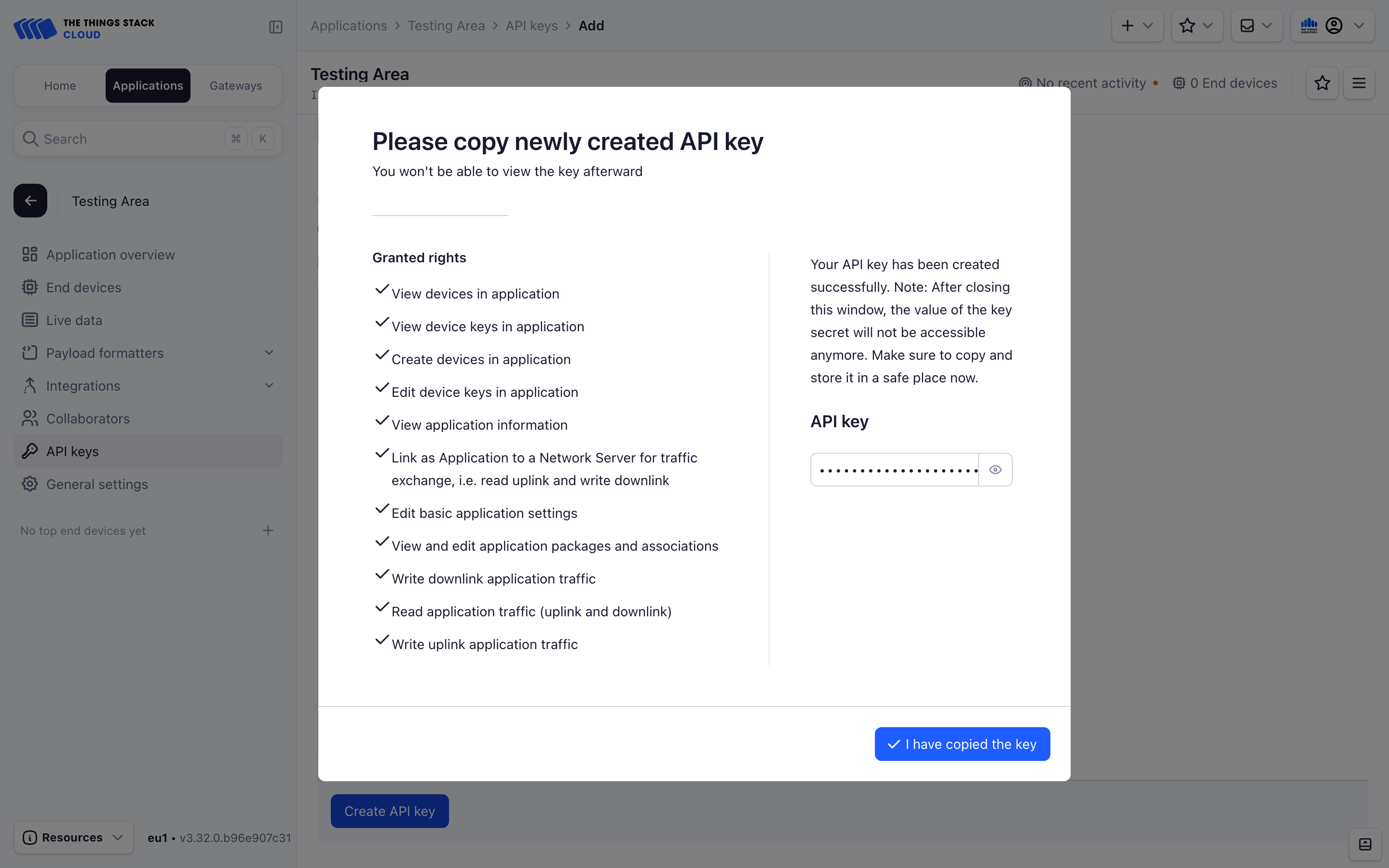 Application API Key created