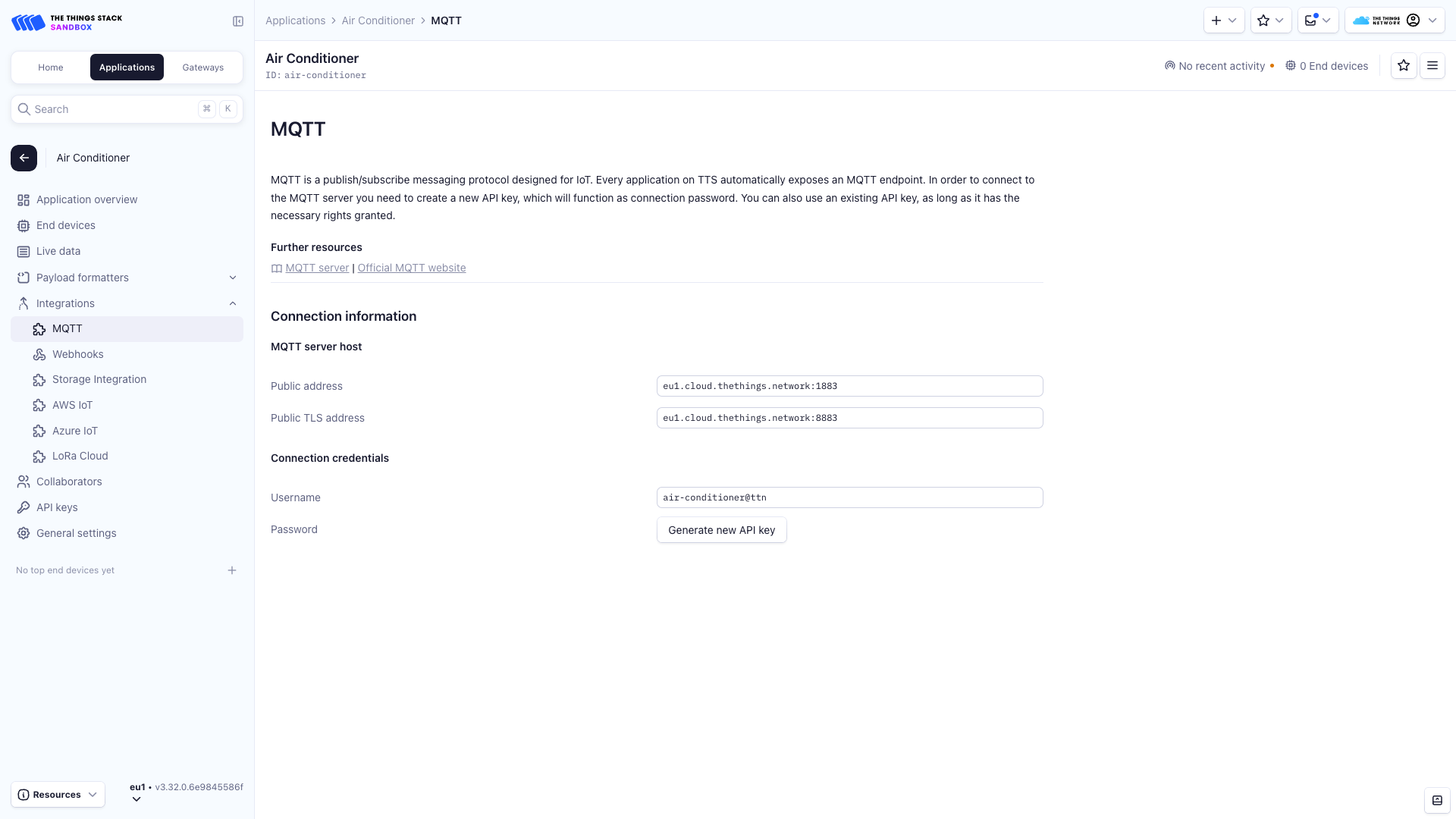 MQTT Integration Page on The Things Stack