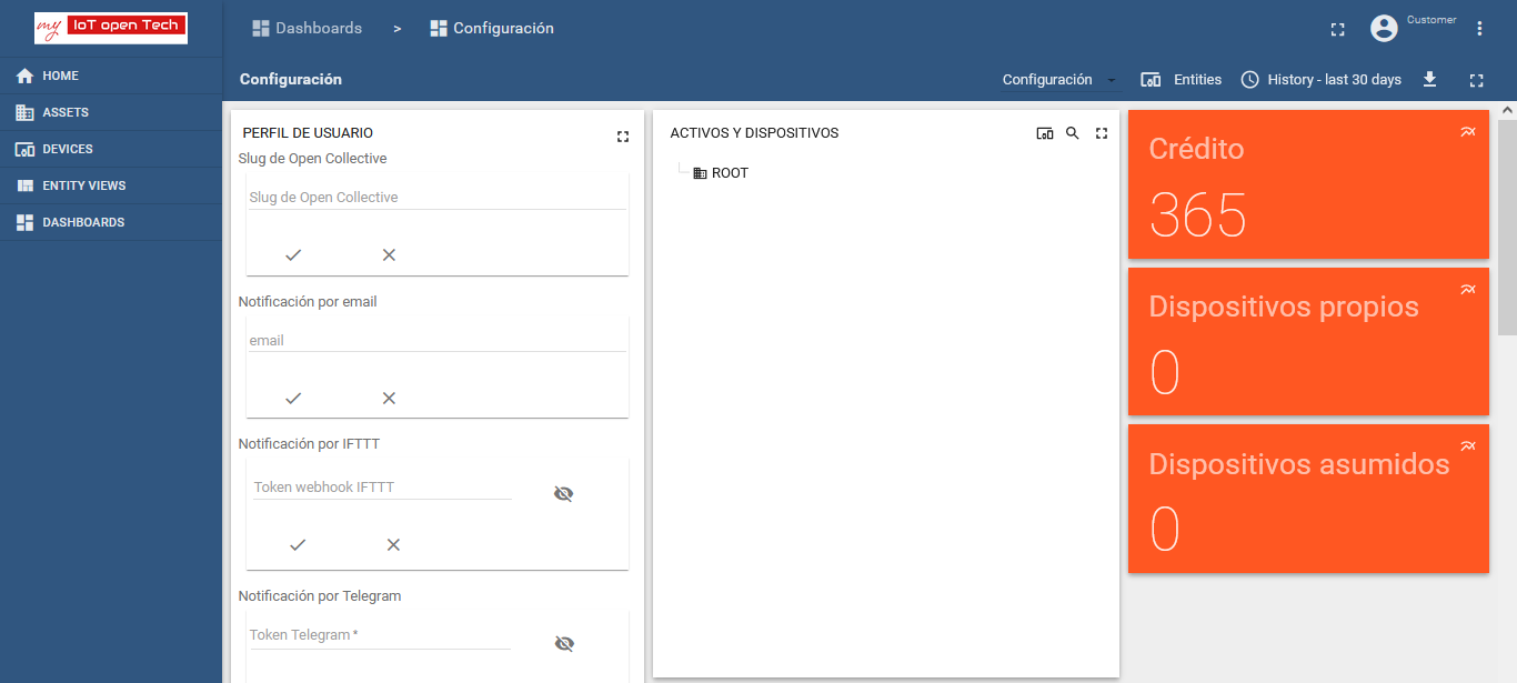 The Configuración dashboard