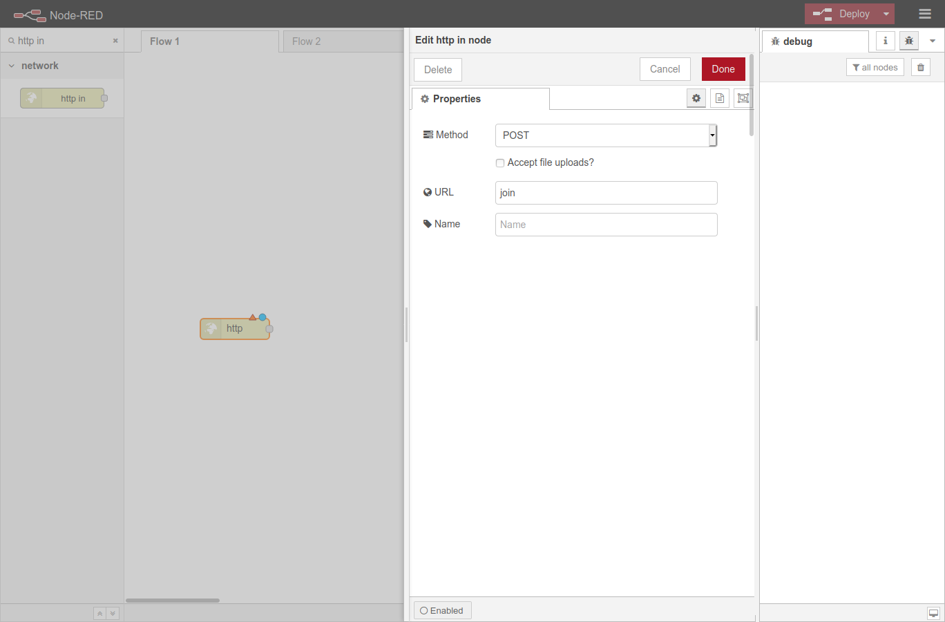 Configuring HTTP input node