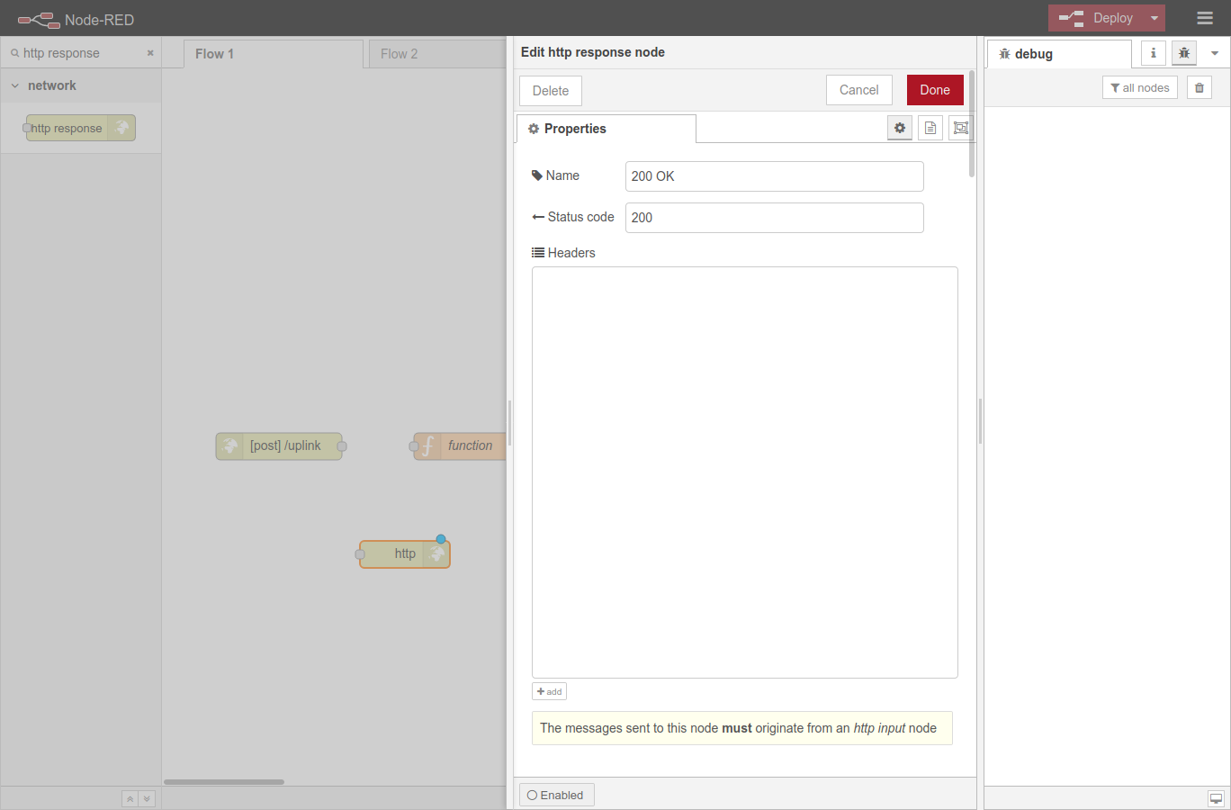 Configuring HTTP response node