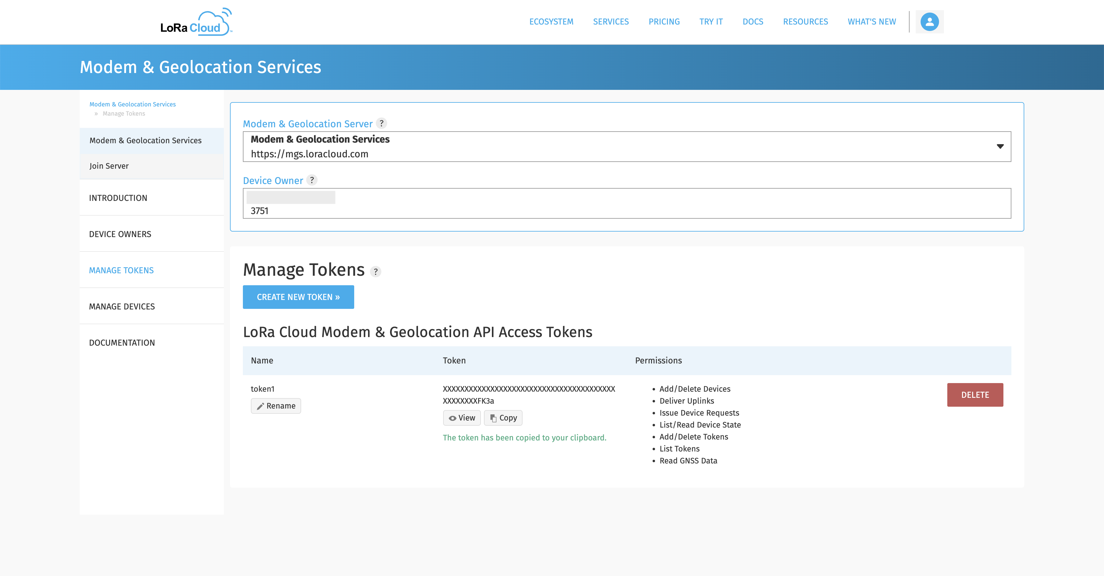 Copy the token from LoRa Cloud