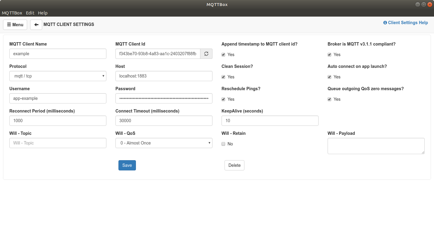 MQTTBox client configuration