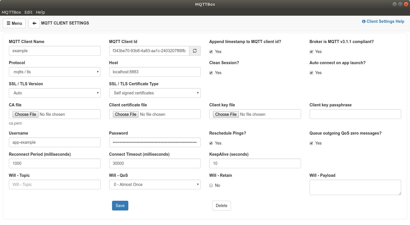 MQTTBox TLS client configuration