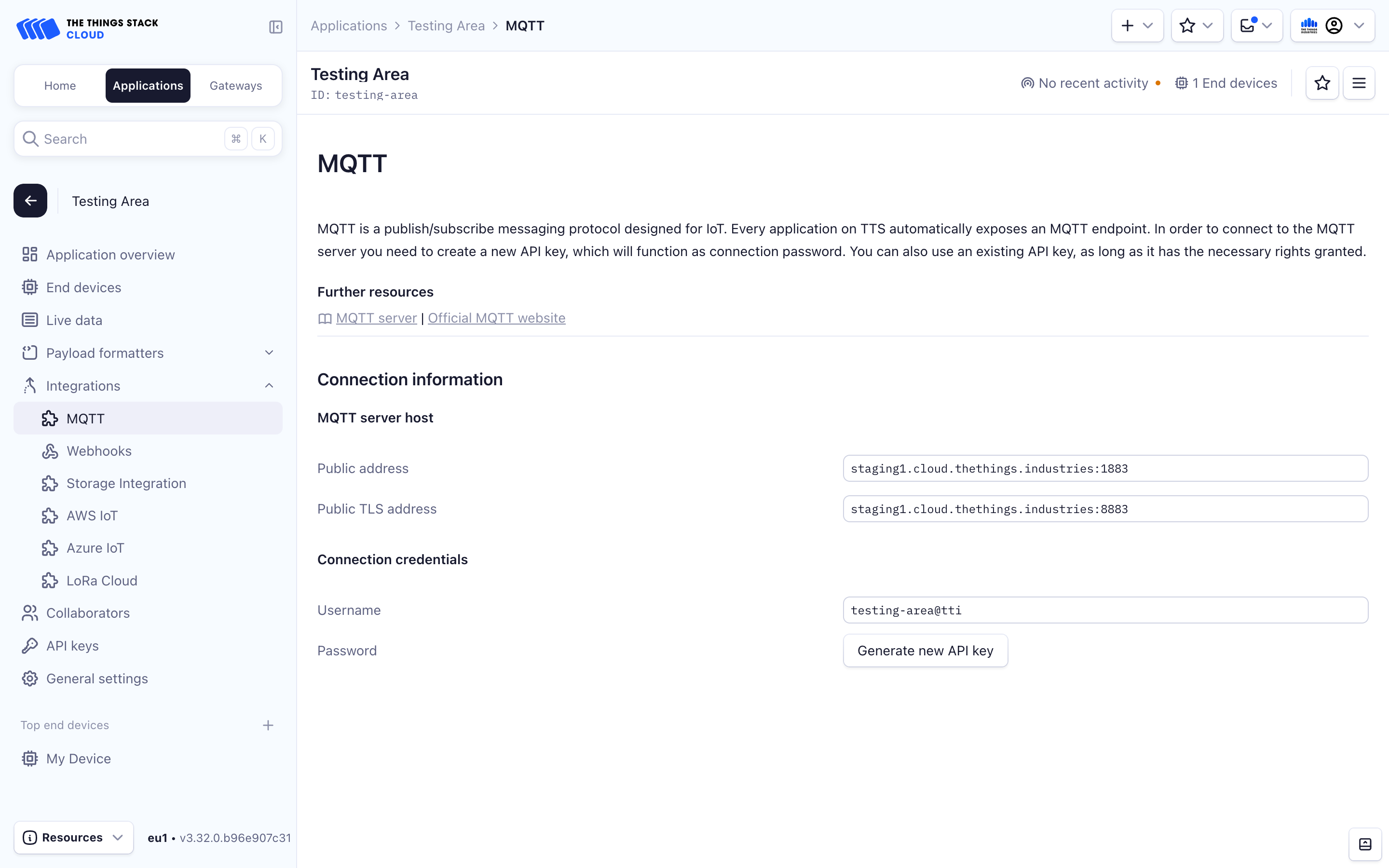 MQTT connection information