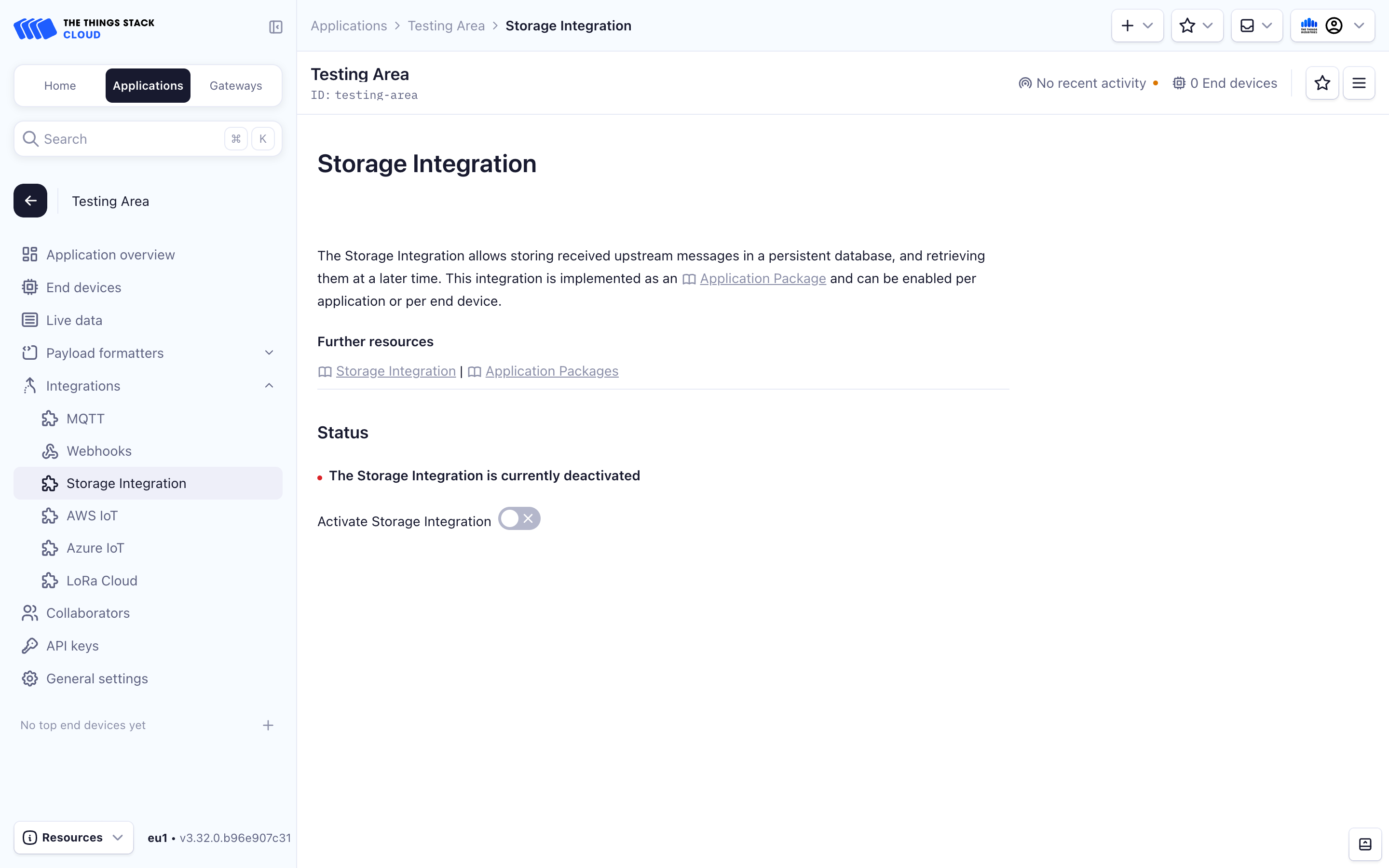 Activate Storage Integration screen