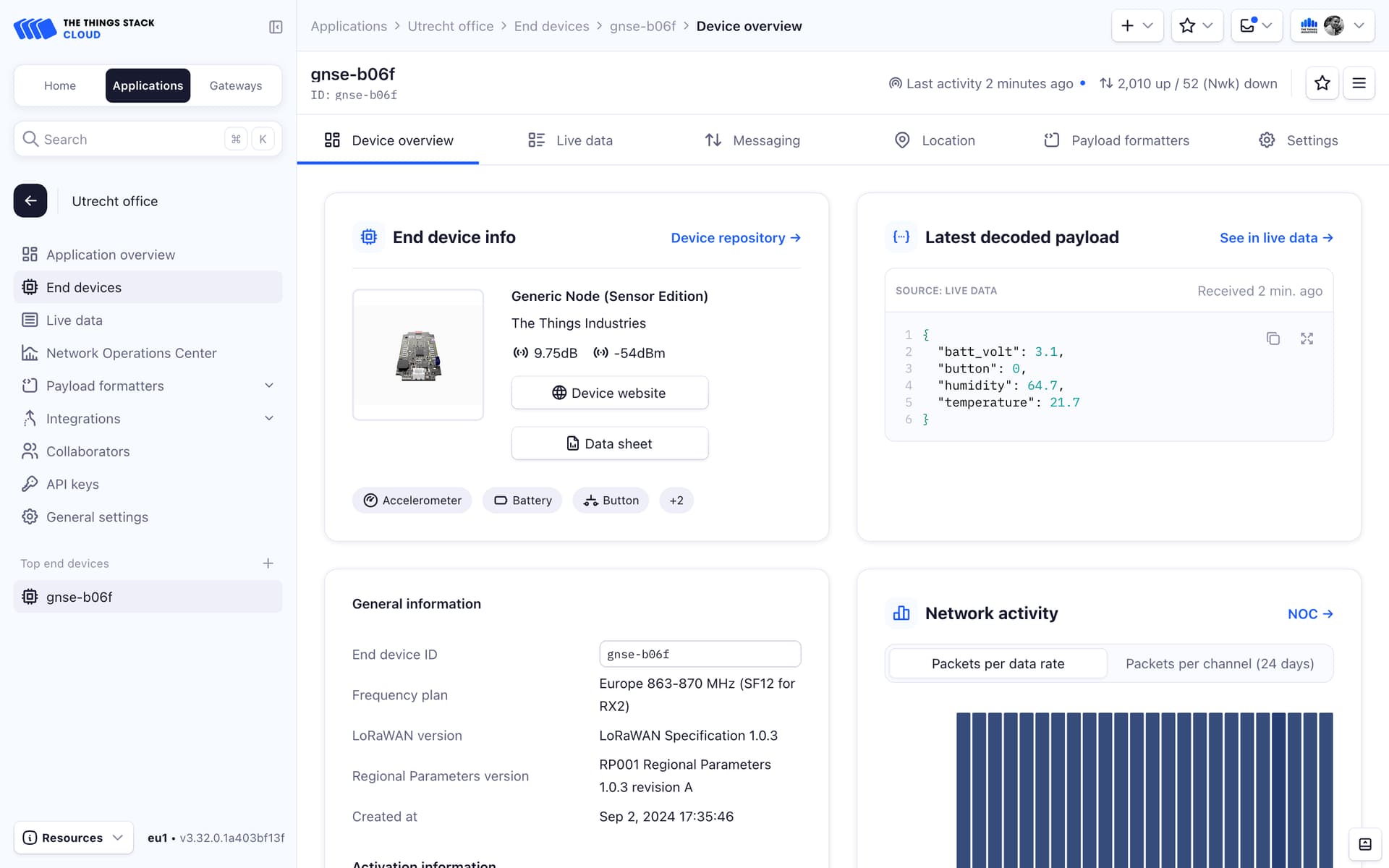 Device overview in The Things Stack Console